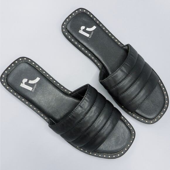 Report Rosalee Puff Slide Sandals Studded Sz 7 Black Faux Leather Square Toe - Picture 10 of 10